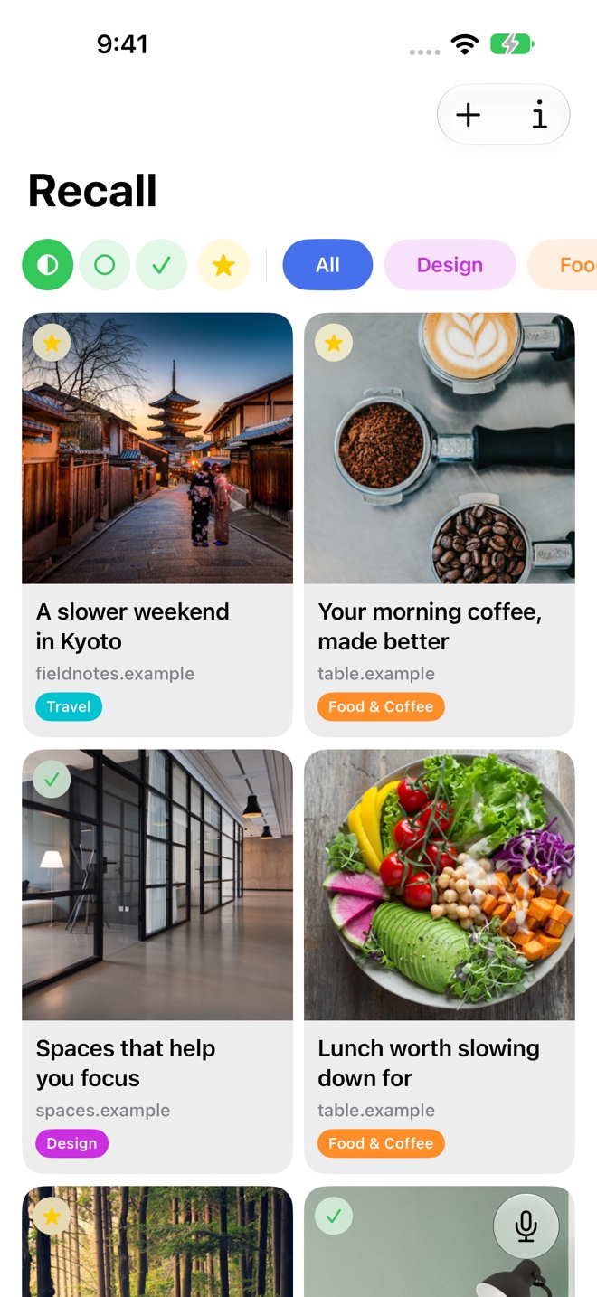 Recall’s visual library with saved travel, coffee, design, and food links.