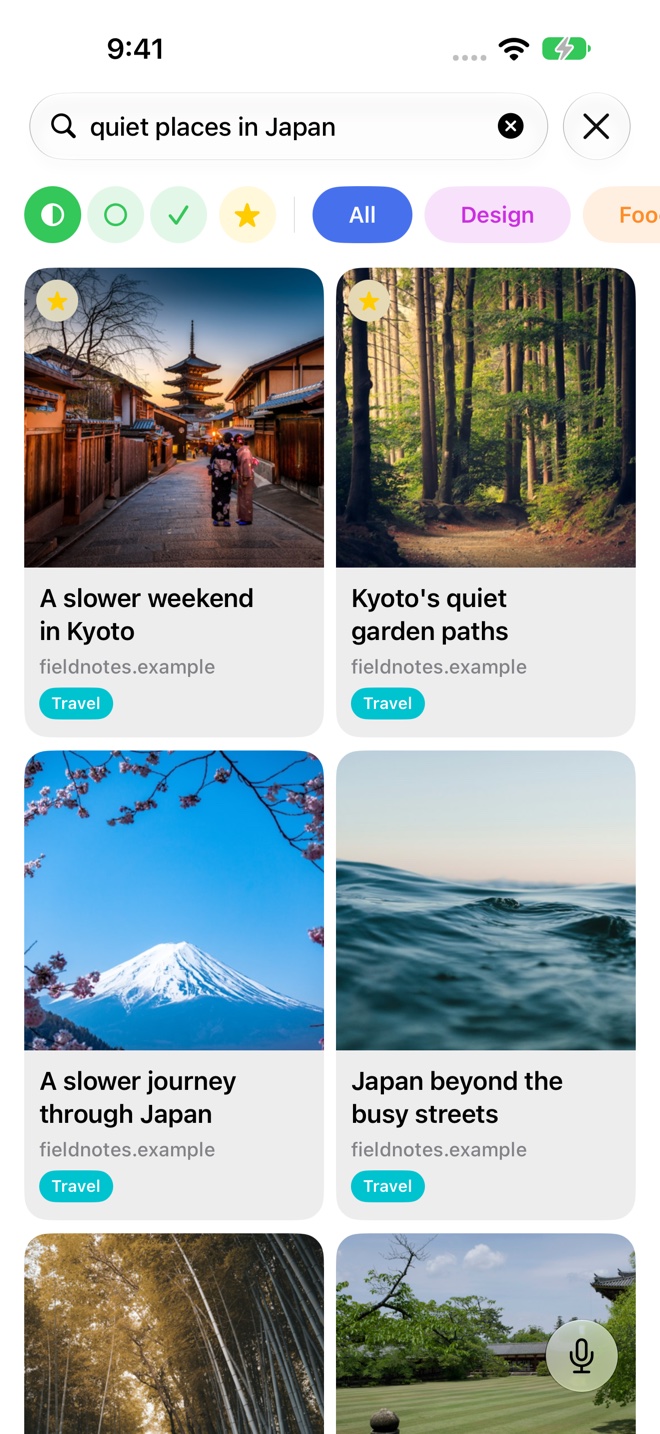 Recall finds saved links about quiet places in Japan.
